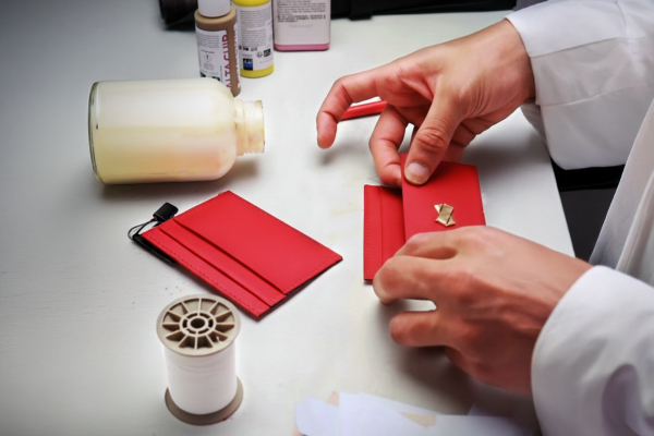 Fabrication porte-cartes en cuir de luxe rouge.