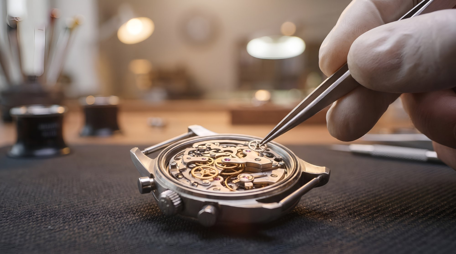 Horloger réparant un mouvement de montre mécanique sur un établi.